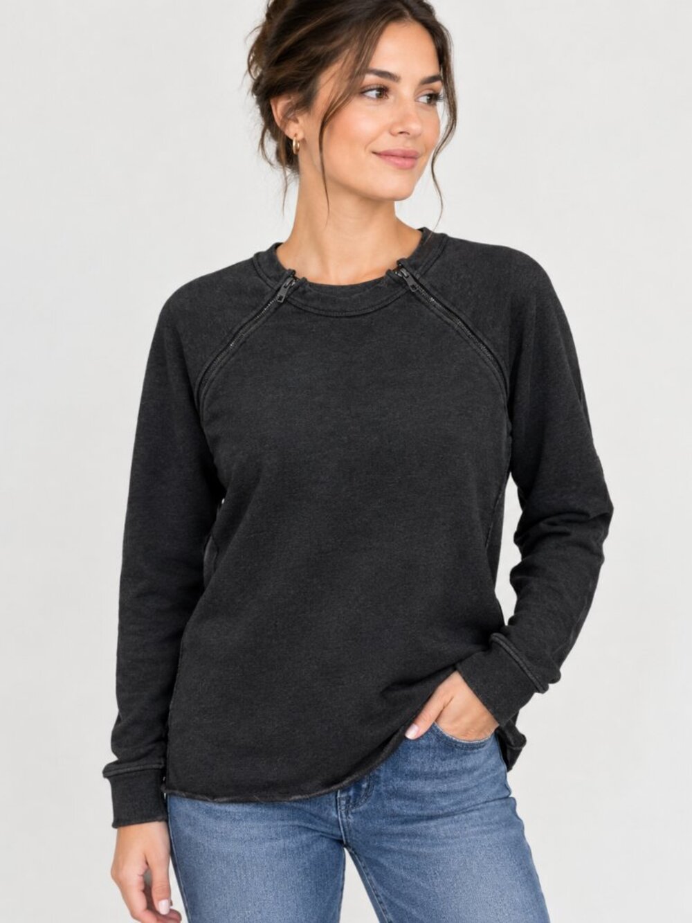 T by  Alexander Wang Dark Gray Shoulder Zip Fleece  Pullover/Sweater Size Small